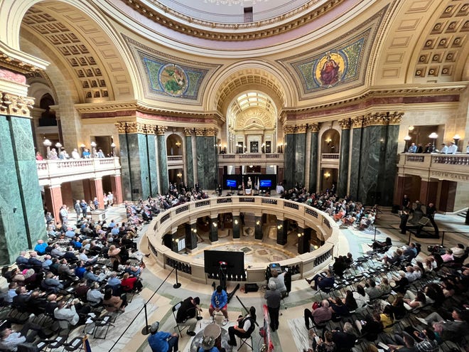 Jill Underly, the state superintendent of public instruction, gave her annual State of Education address at the Wisconsin State Capitol on Thursday, Sept. 26, 2024.