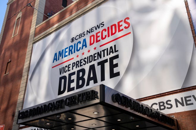 The CBS Broadcast Studios are decorated on Sept. 30, 2024, the day before the CBS News vice presidential debate between Republican J.D. Vance and Democrat Tim Walz.