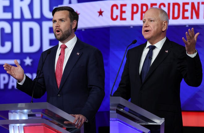 In a combination photo, Republican vice presidential candidate, Sen. JD Vance (R-OH), left, and Democratic vice presidential candidate, Minnesota Gov. Tim Walz, participate in a debate at the CBS Broadcast Center on October 1, 2024 in New York City.