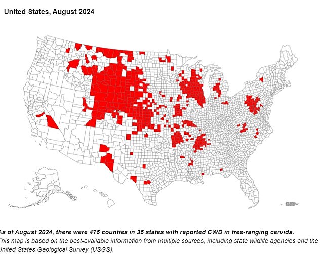 The above CDC map shows the counties in which CWD has been detected as of August 2024, the latest data available. This includes 475 counties in 35 states