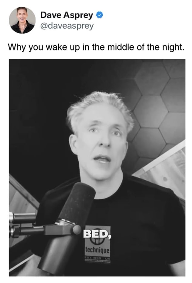 In an Instagram video shared with his 1.1 million followers, Mr Asprey said: 'Most people who wake up between it's usually 3 to 5am and can't go back to sleep, that is a crash in your blood sugar