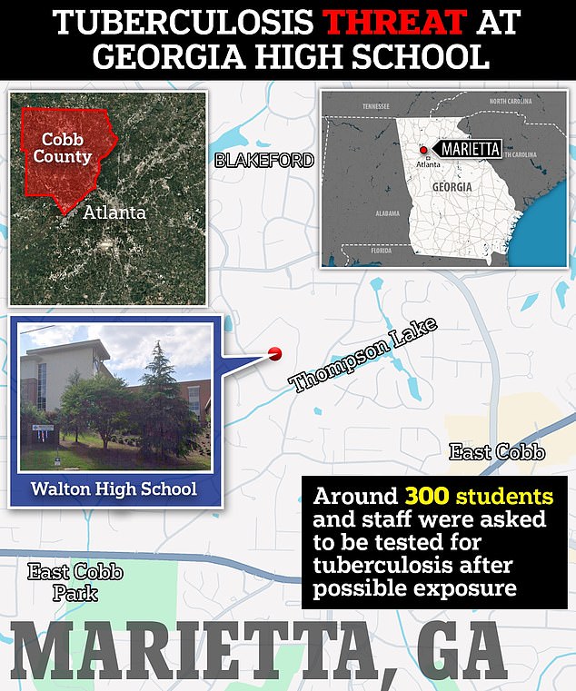 Health officials say up to 300 people may have been exposed to someone with an active tuberculosis infection at Walton High School in Cobb County, seen in the above map
