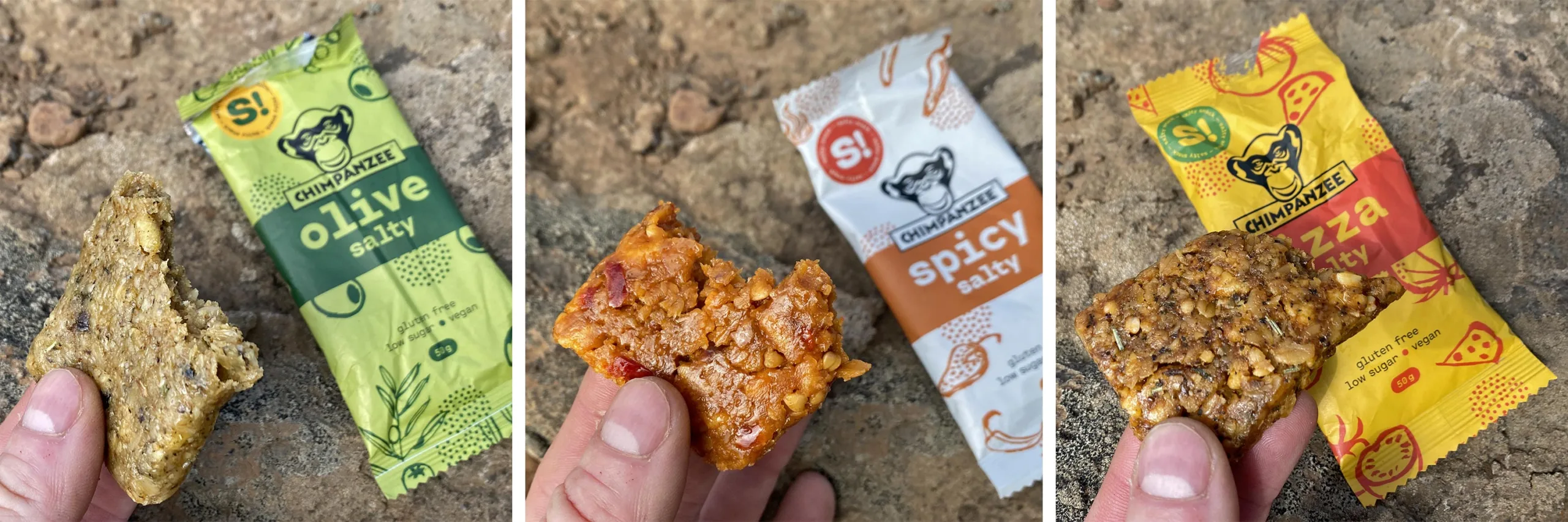 Chimpanzee Nutrition natural Salty energy bars: olive, spicy, or pizza flavors