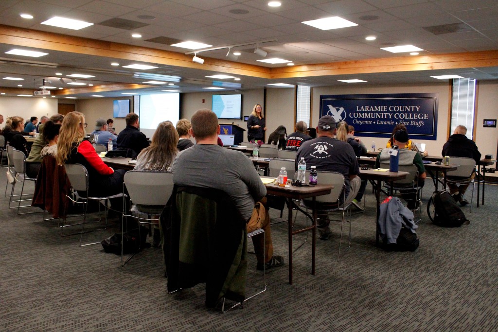 A classroom full of people watch a woman talking at the front of the room