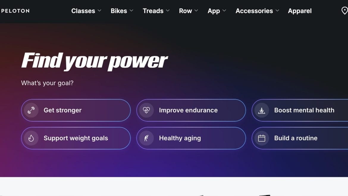  "Find Your Power" feature on Peloton website hompage.