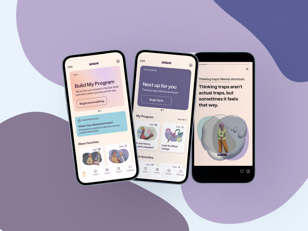 Three smartphones show Wave's platform interface.