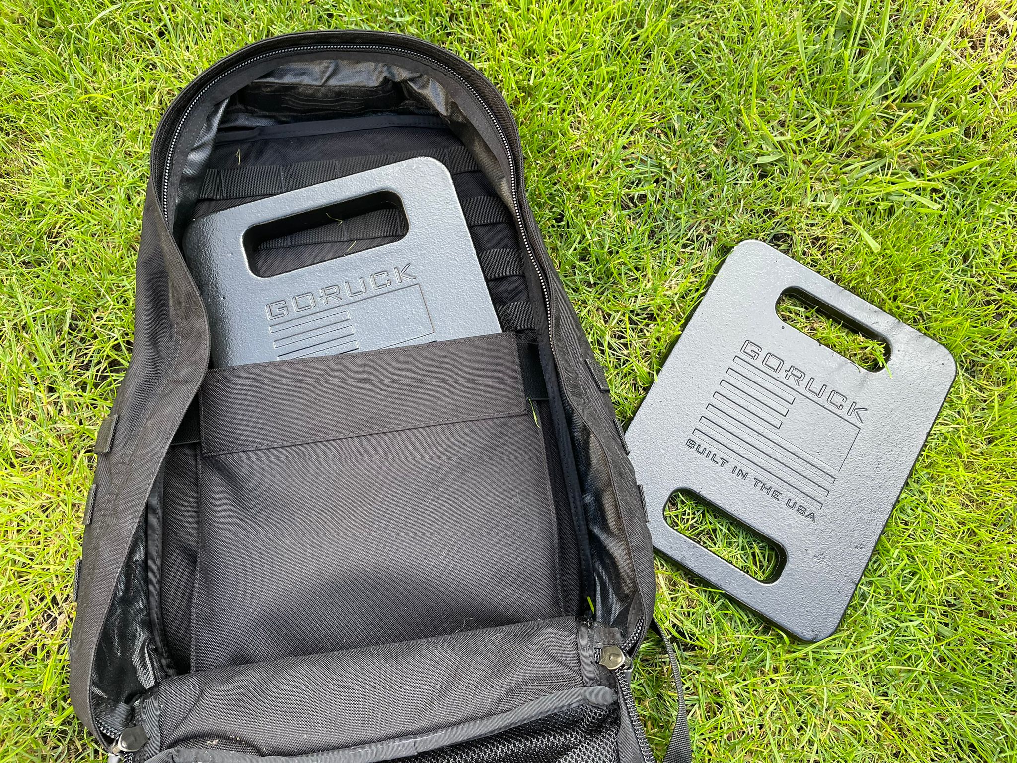 The GoRuck GR2 backpack with 20lb and 30lb plates