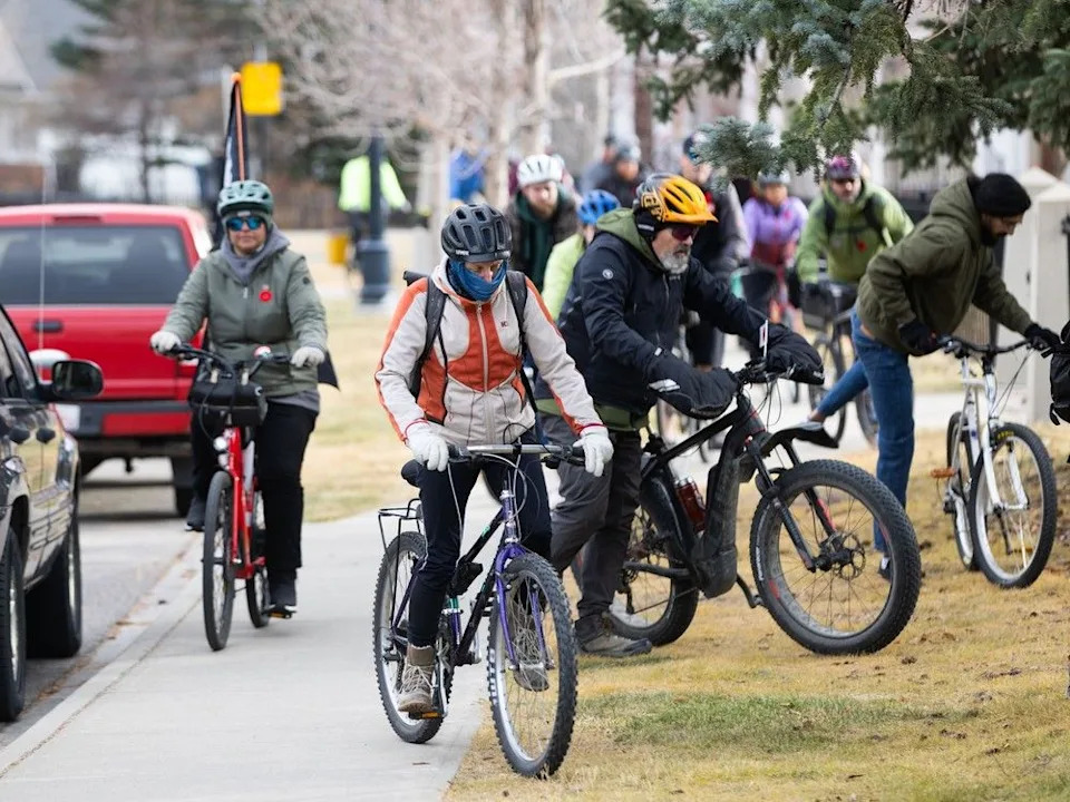  Cyclists arrive at Peacekeeper Park for the sixth annual Veterans Transition Network’s Ride for Veteran Mental Health in Calgary on Sunday, Nov. 9, 2025. The ride was organized by U.S. Army veteran Tegh Singh after his own struggles following tours in Iraq and Afghanistan.