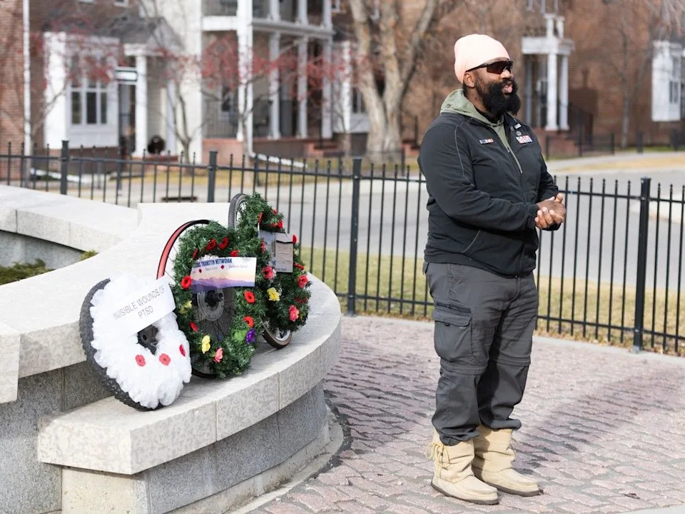  U.S. Army veteran Tegh Singh speaks after laying wreaths mounted on bicycle wheels at Peacekeeper Park as part of the sixth annual Veterans Transition Network’s Ride for Veteran Mental Health in Calgary on Sunday, Nov. 9, 2025.