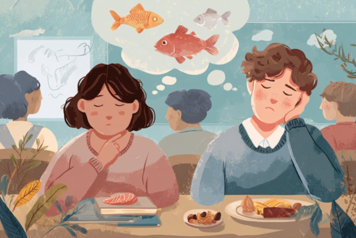 This shows kids eating food, thinking about fish.