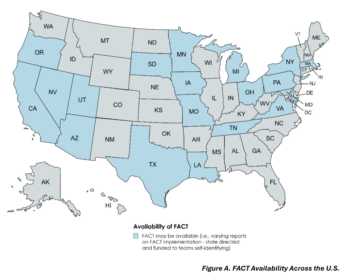 A map of the United States with just under half of states shaded blue to indicate the presence of FACT teams to help people with serious mental illnesses involved in the justice system