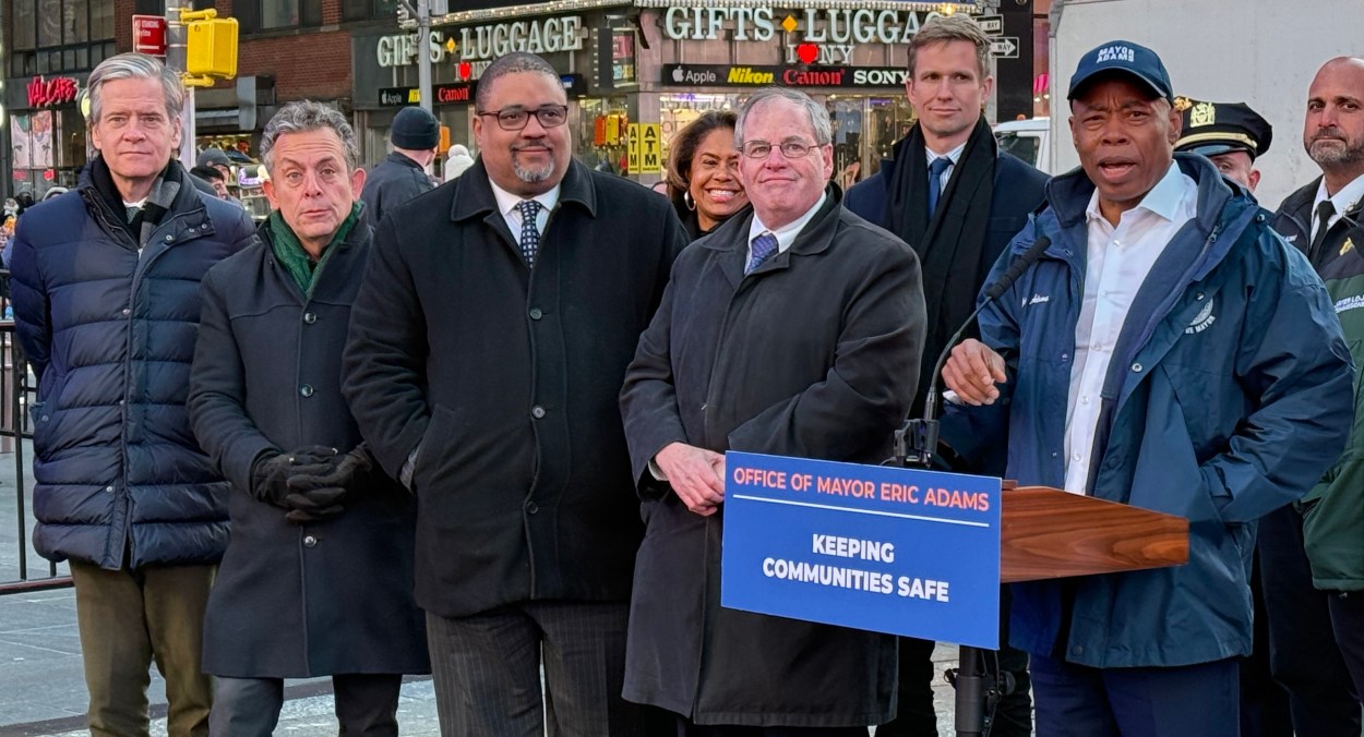Elected officials at a press conference in Times Square