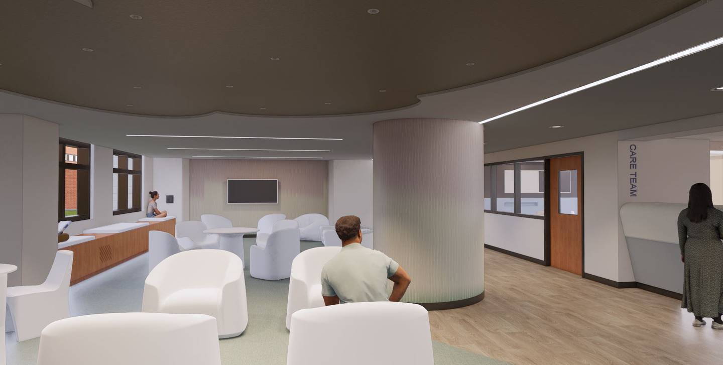 A rendering shows planned updates and expansions to Riverside Medical Center's behavioral health department as part of a $28-million project. The adult open activity area is shown here.