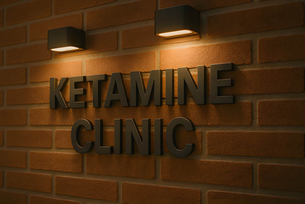 Sign on a wall reading "KETAMINE CLINIC"