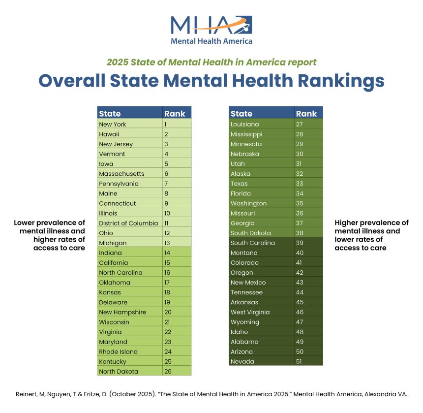 The report ranks each US state and Washington, DC, on mental well-being and mental health care.