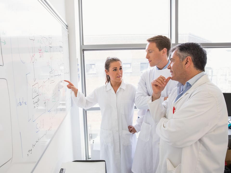 Science students and lecturer looking at whiteboard