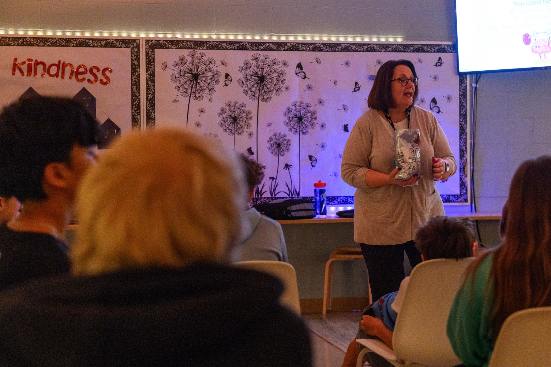 A woman stands at the front of a classroom holding a bag, speaking to seated students. A "kindness" sign and dandelion decorations are on the wall behind her.