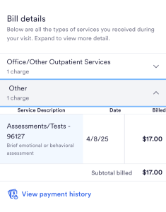 A Novant Health bill showing a $17 fee for a "brief emotional or behavioral assessment" survey 