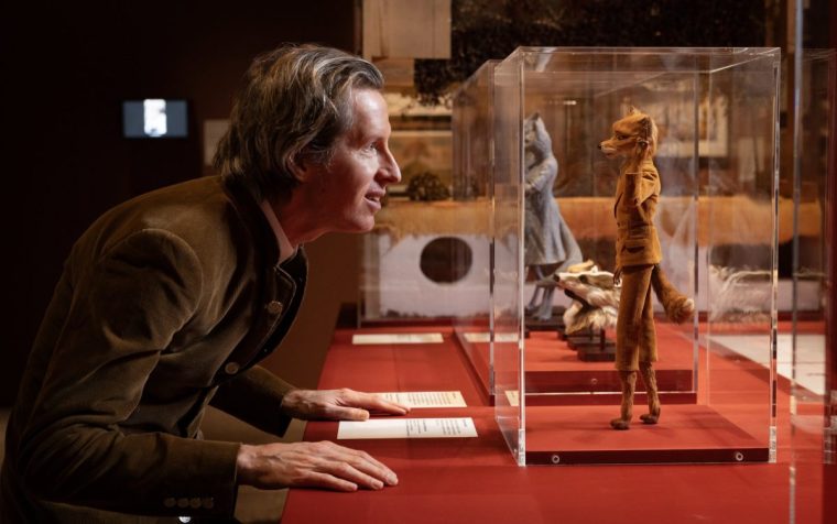 Wes Anderson face to face with the puppet, Mr Fox