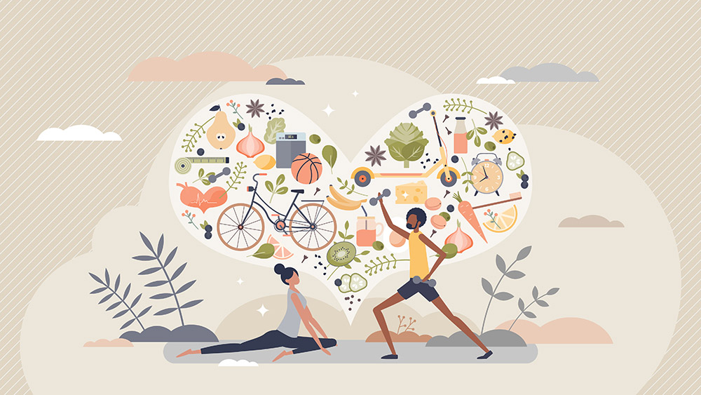 Illustration of a woman in a yoga pose and a man holding an exercise weight in front of a heart filled with exercise equipment and healthy food