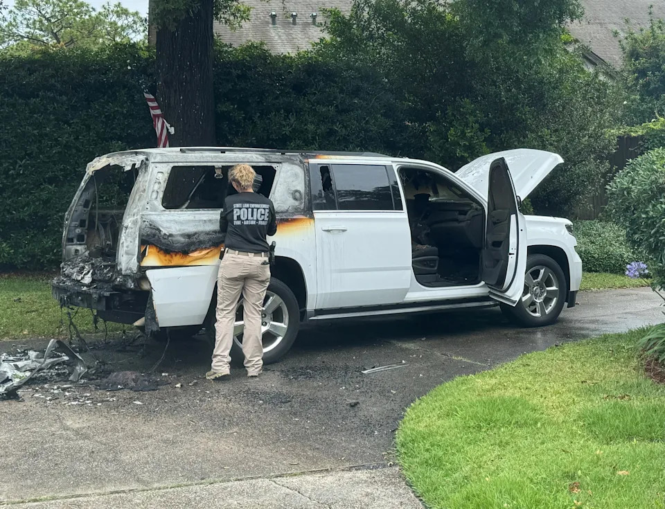 Police investigate arson caused to a car in Cordova Park near the home of Escambia Clerk and Comptroller Pam Childers on Saturday, June 1, 2024.