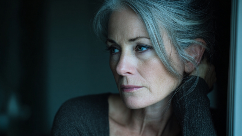 Woman over 50 with a tense, distant expression, showing emotional strain and mental fatigue