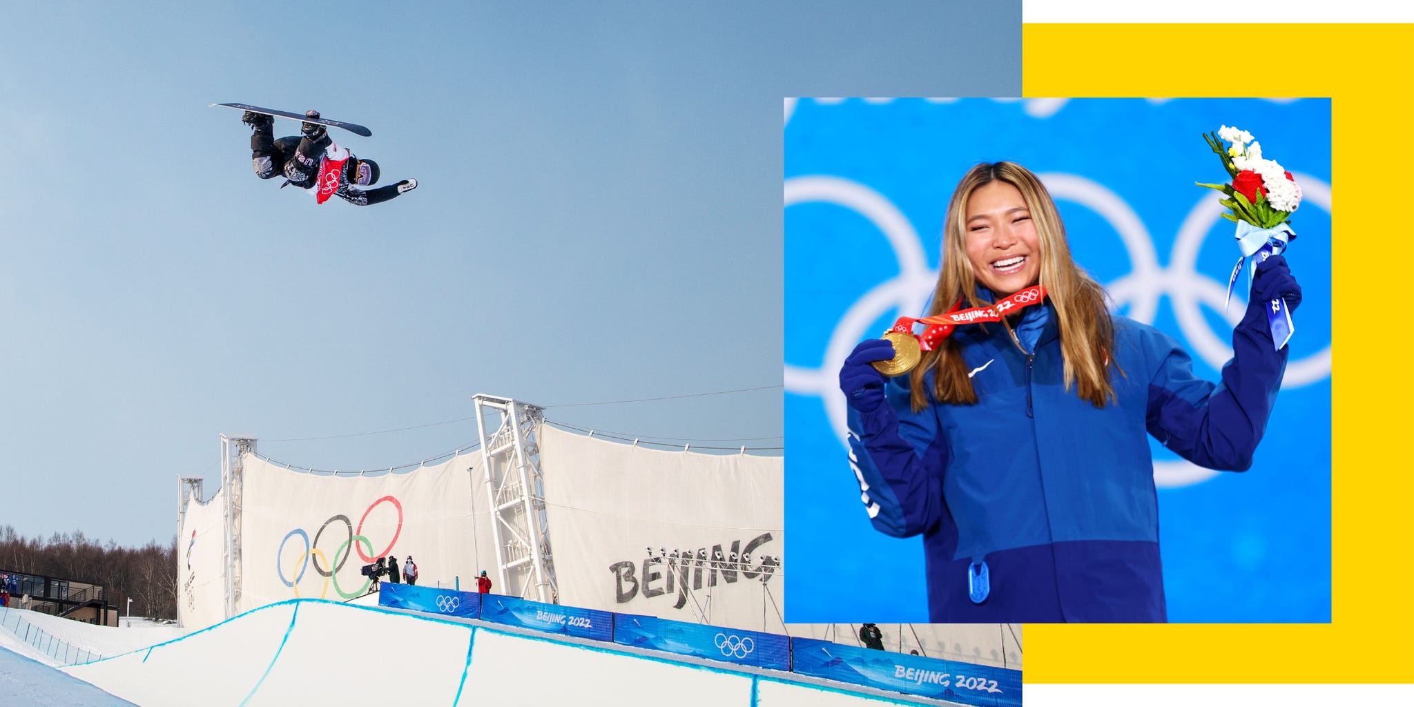 athlete performing a snowboarding trick and another athlete on a podium with a medal
