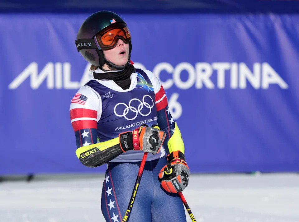Team USA's Mikaela Shiffrin reacts during second run of women's alpine skiing giant slalomMichael Madrid-Imagn Images