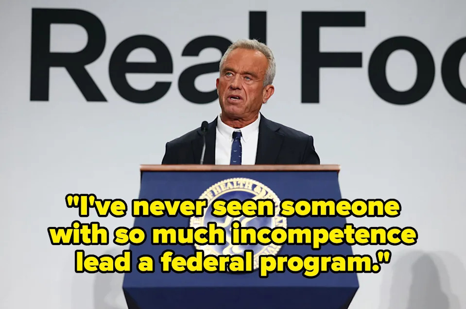 A person speaks at a podium with a quote overlaid: "I've never seen someone with so much incompetence lead a federal program."