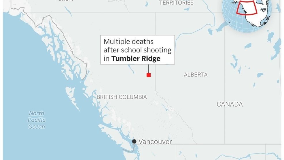 A map showing the location of the Tumbler Ridge school shooting. (AP Digital Embed)