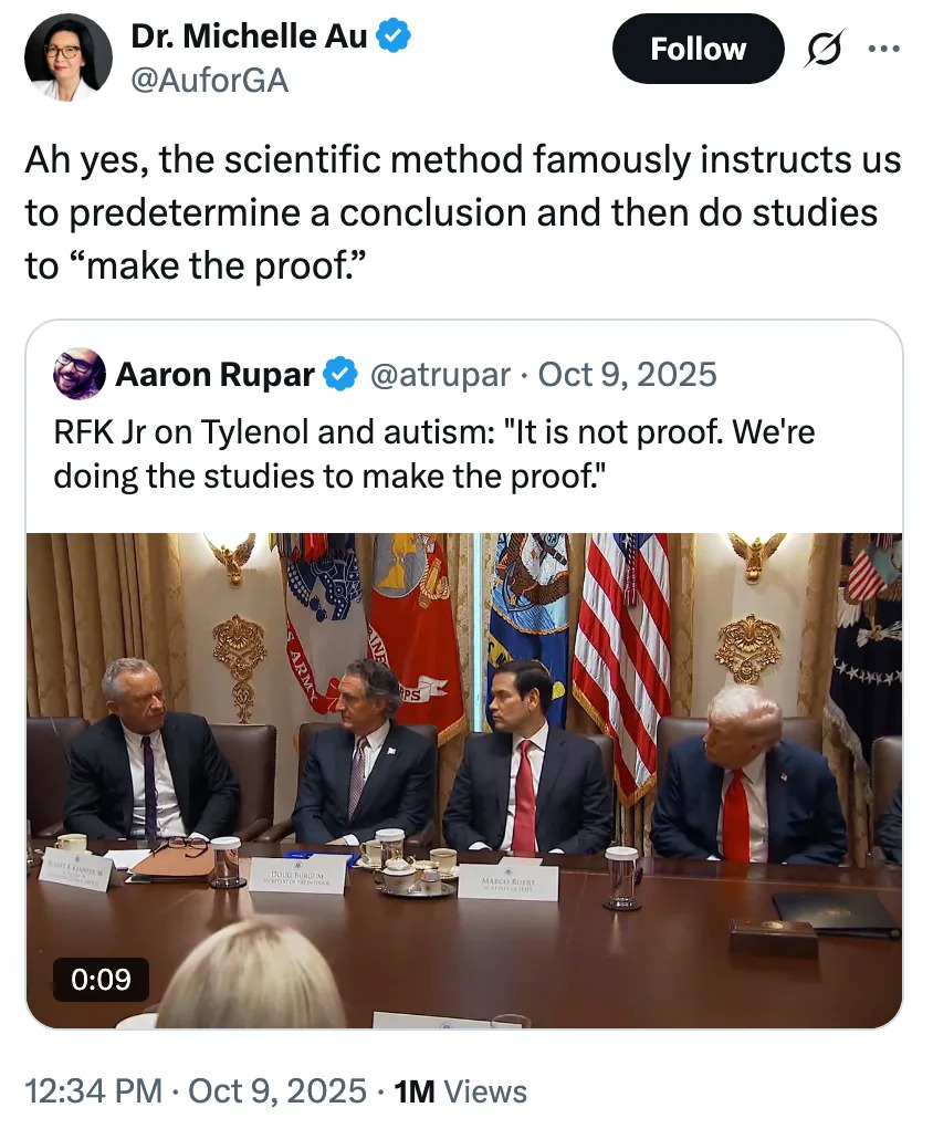 Tweet mocking a statement about studies. Features a photo of people in a formal meeting room discussing topics