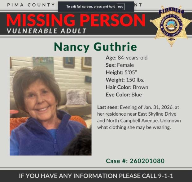 This image provided by the Pima County Sheriff's Department shows a missing person alert for Nancy Guthrie. (Pima County Sheriff's Department via AP)