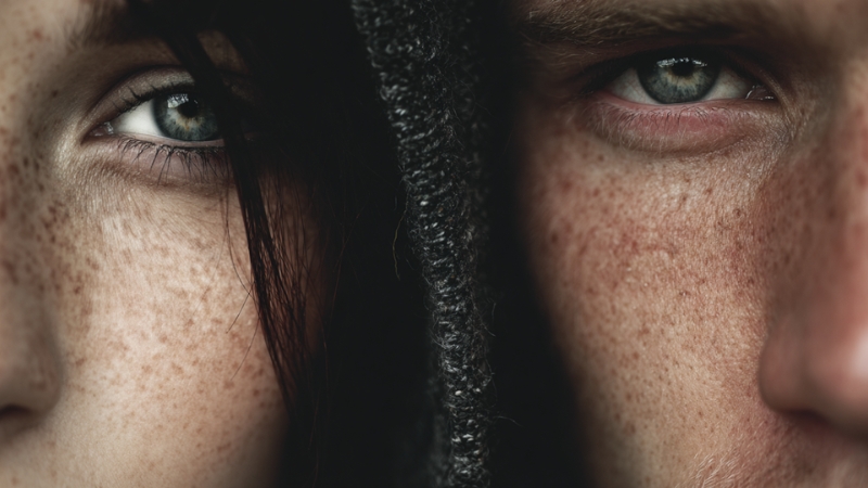 Close-up of two faces side by side, highlighting emotional strain and contrast