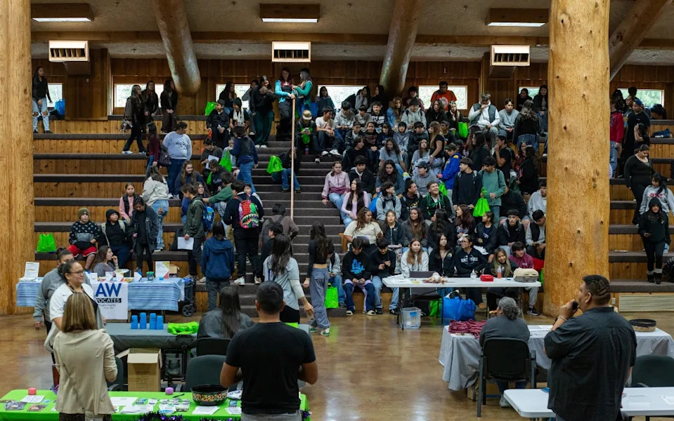 Students gather for a group photo at a Lummi Nation youth fair. (photo/Elyse Wild)