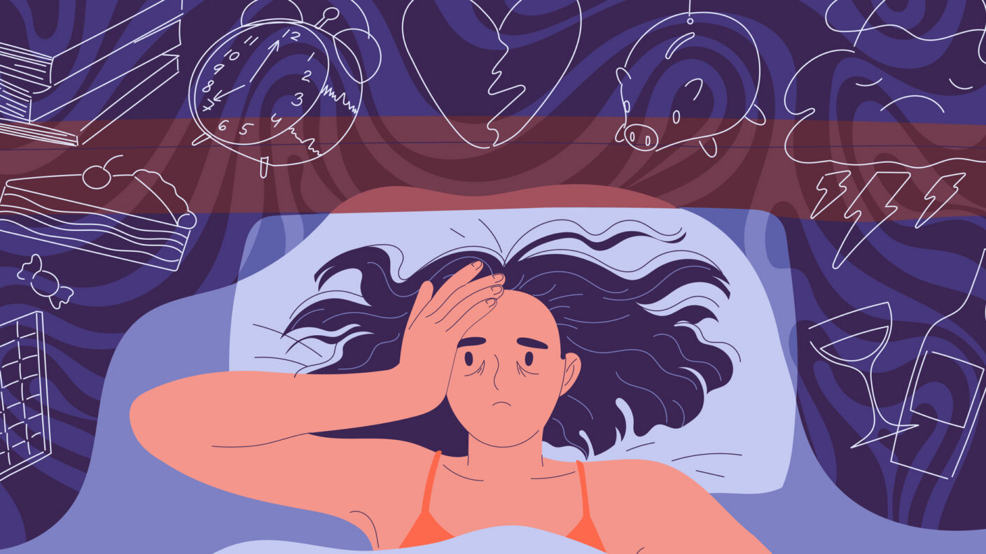 Woman cannot fall asleep at night lying on the bed