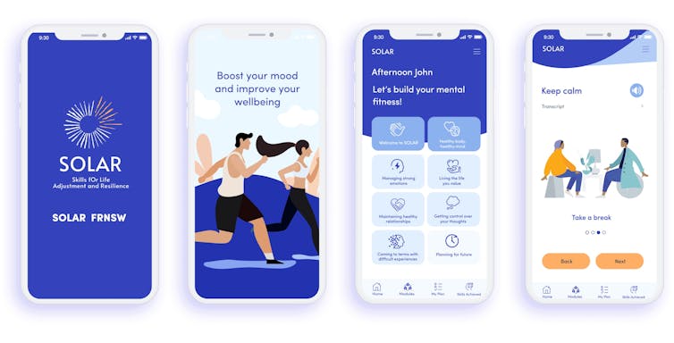 Four screenshots of the mobile app modules in progress.