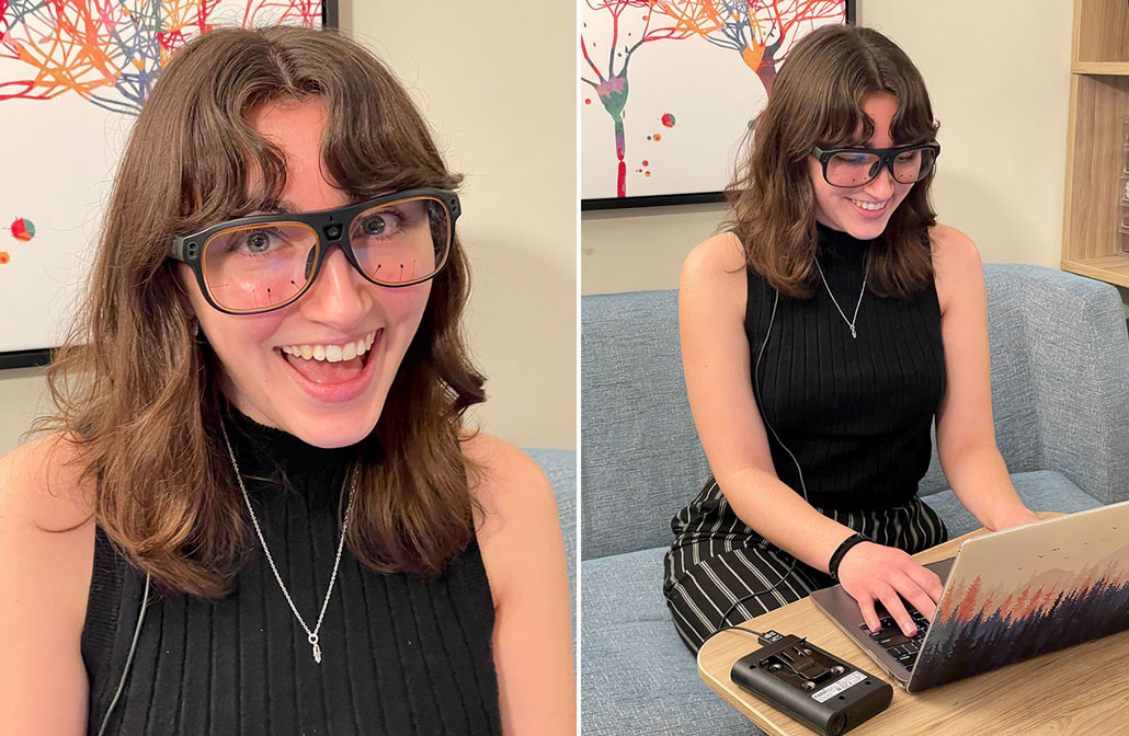 a young woman wears glasses with marks on the lenses