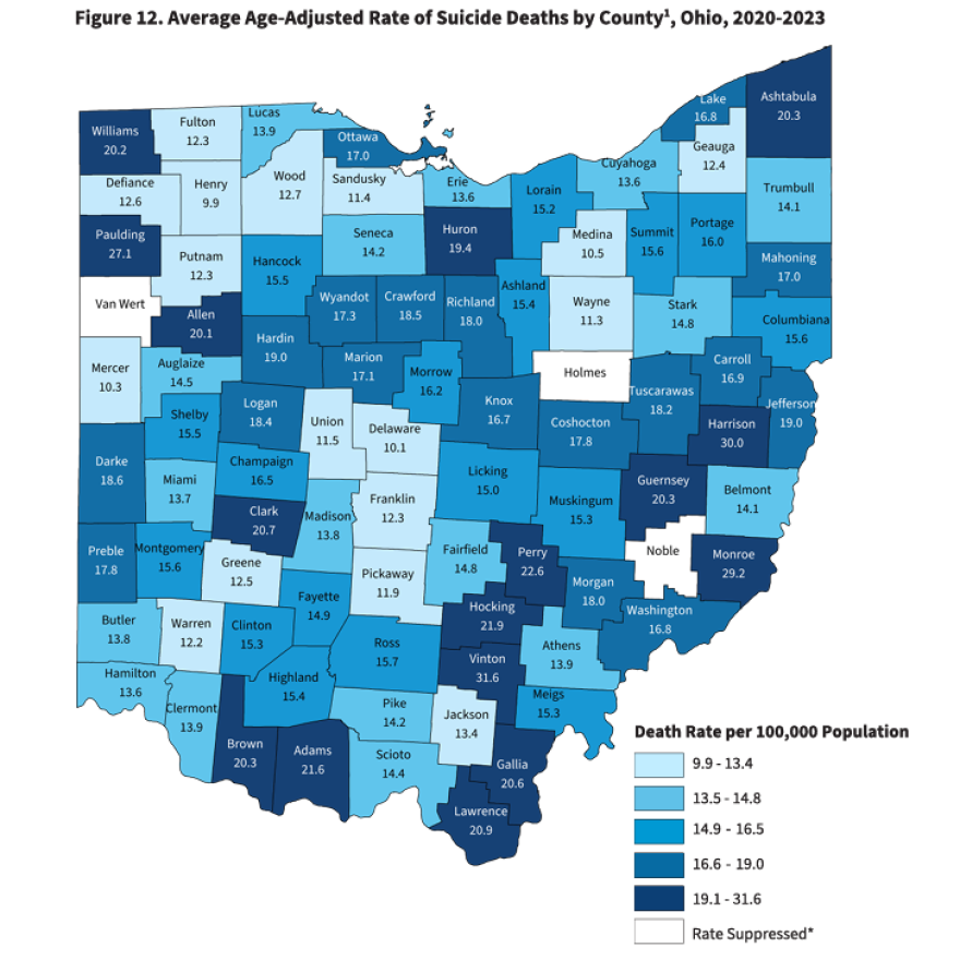 A map shows Ohio's counties in varying shades of blue, representing local suicide rates.