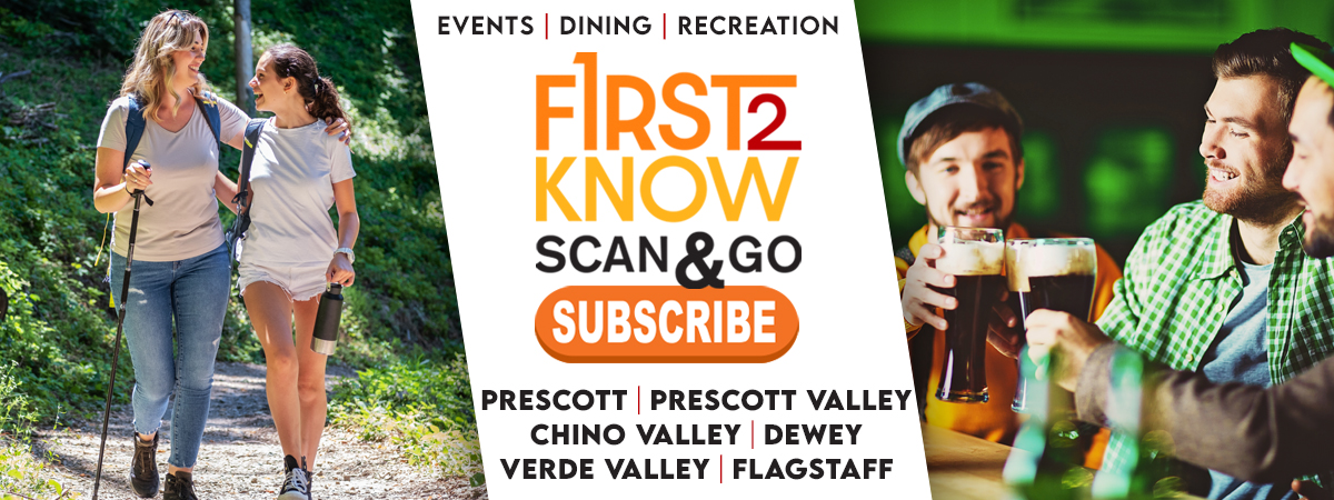 on left two ladies are hiking, and on the right a group of guys are wearing green at a bar, with the F1RST2KNOW logo in the middle