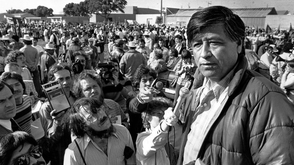 FILE - United Farm Workers President Cesar Chavez talks to striking Salinas Valley farmworkers during a large rally in Salinas, Calif., on March 7, 1979. (AP Photo/Paul Sakuma, File)