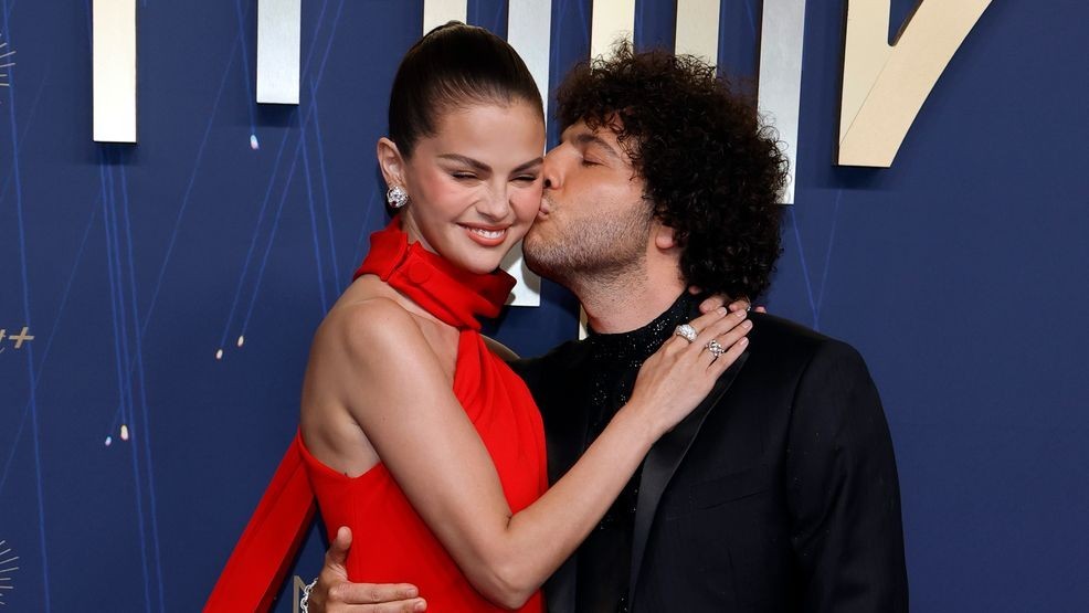 LOS ANGELES, CALIFORNIA - SEPTEMBER 14: (L-R) Selena Gomez and Benny Blanco attend the 77th Primetime Emmy Awards at Peacock Theater on September 14, 2025 in Los Angeles, California. (Photo by Frazer Harrison/Getty Images)