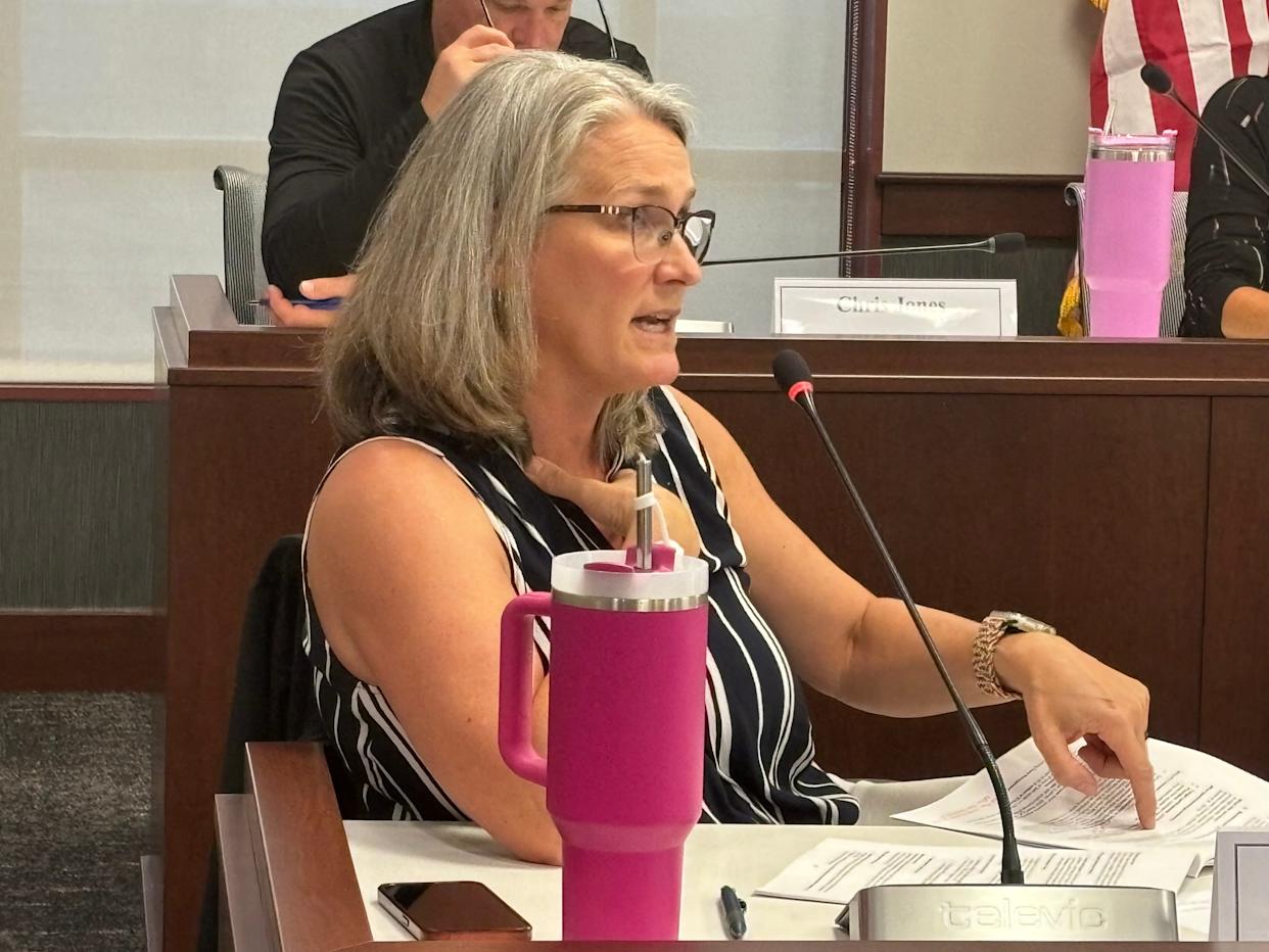 Dr. Kari Wolf, chair of psychiatry at the SIU School of Medicine a commissioner with the Sangamon County Mental Health Commission, makes a point at the Oct. 1, 2025, meeting. The commission recommended to the Sangamon County Board a 0.5% sales tax increase to help fund a countywide mental health board.