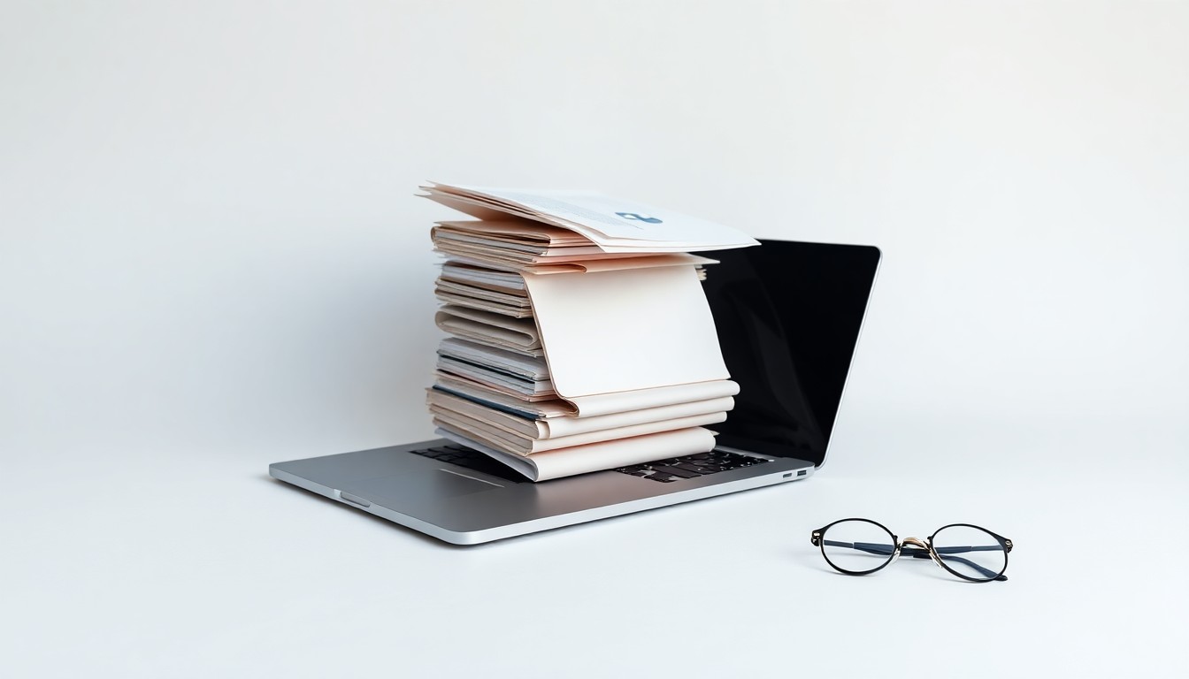 A high-end, photorealistic studio still-life photograph featuring a stack of medical files, a laptop, and a pair of eyeglasses arranged elegantly on a clean, white seamless background, conceptually representing the intersection of technology, healthcare, and community impact.