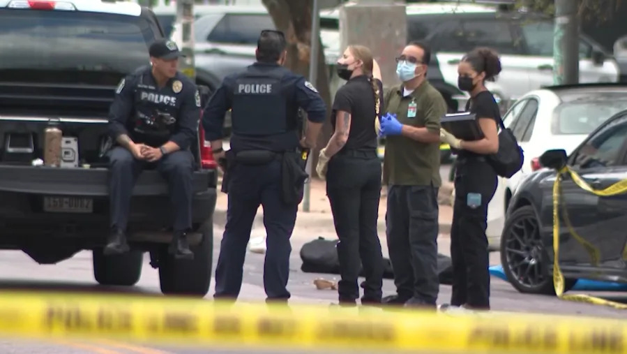 First responders on the scene of West Sixth St. shooting. (KXAN)