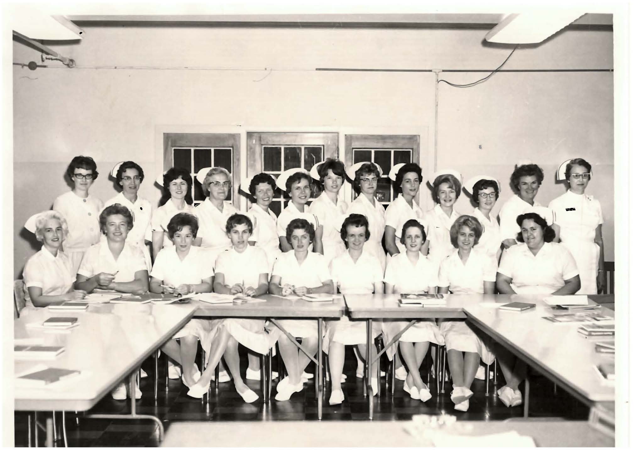 Clearer historical film photo of Carol Fountain's nursing class at State Hospital South in Blackfoot, Idaho.