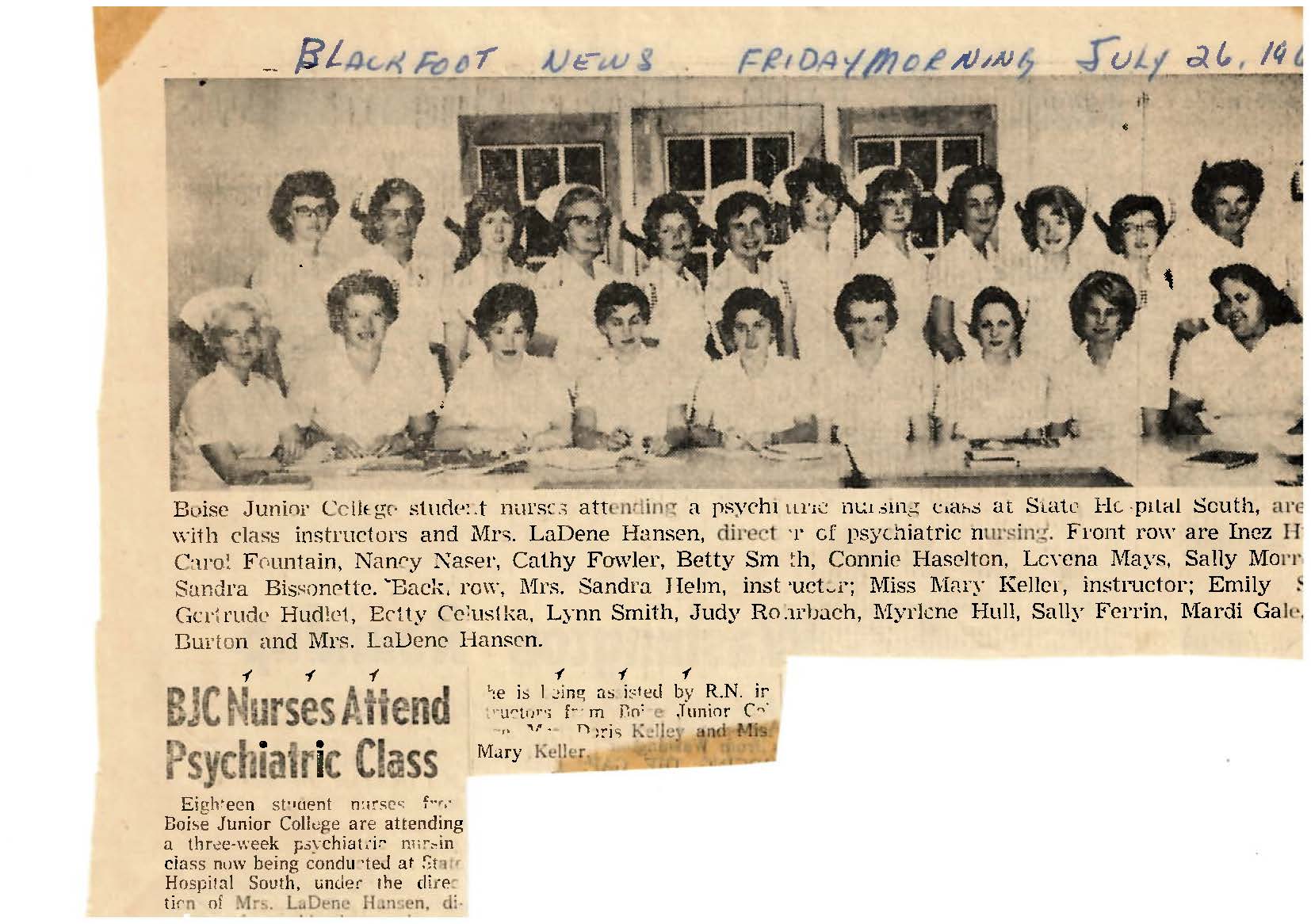 Faded newspaper clipping from the 1960s of Carol Fountain's nursing class attending psychiatric classes at State Hospital South in Blackfoot, Idaho. 