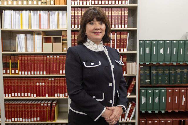 Chief Justice Debra Lambert within the relocated Supreme Court and State Law Library while the Capitol receives renovations. December 2, 2025.