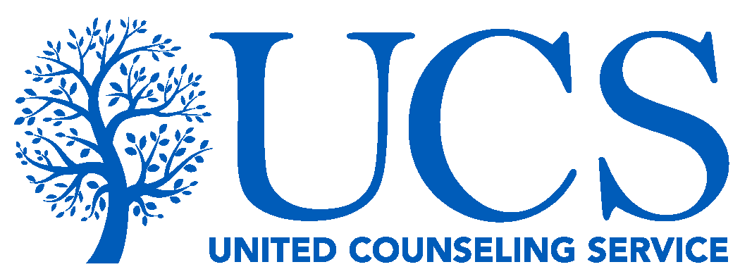 Blue logo with a stylized tree and large letters "UCS" next to the words "United Counseling Service" below in smaller text.