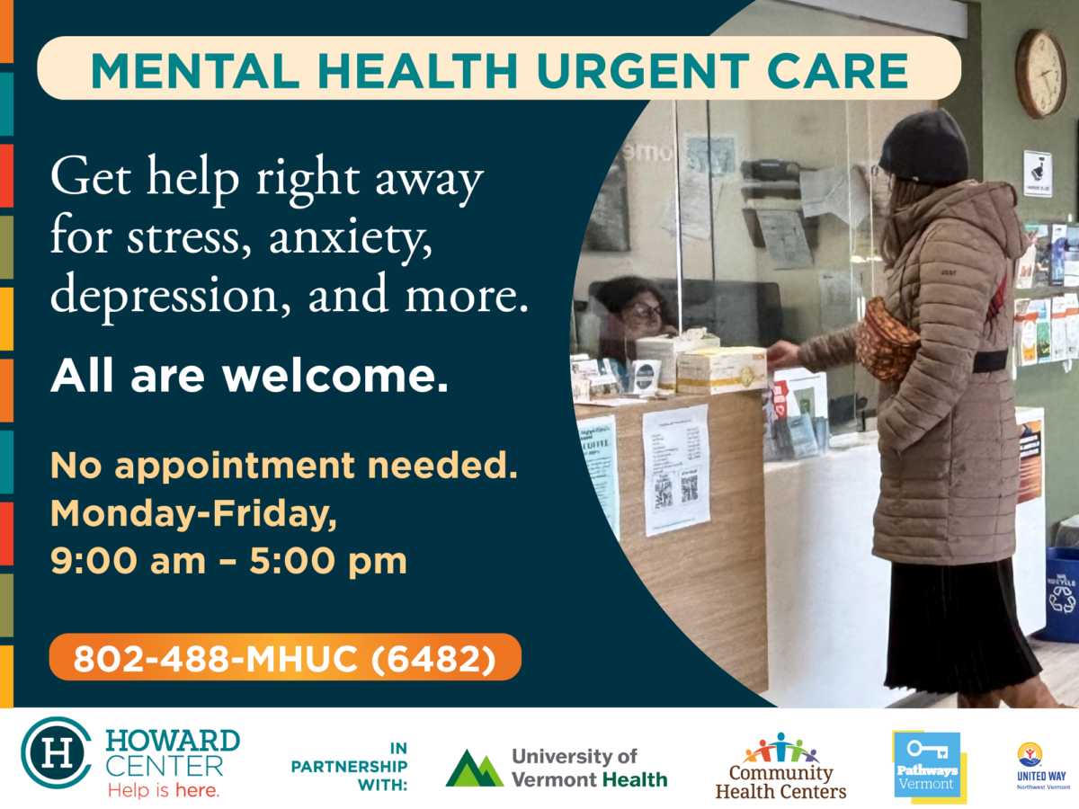 A person stands at a reception desk in a mental health urgent care center. Text offers help for stress, anxiety, and depression, with walk-in hours and a contact number.