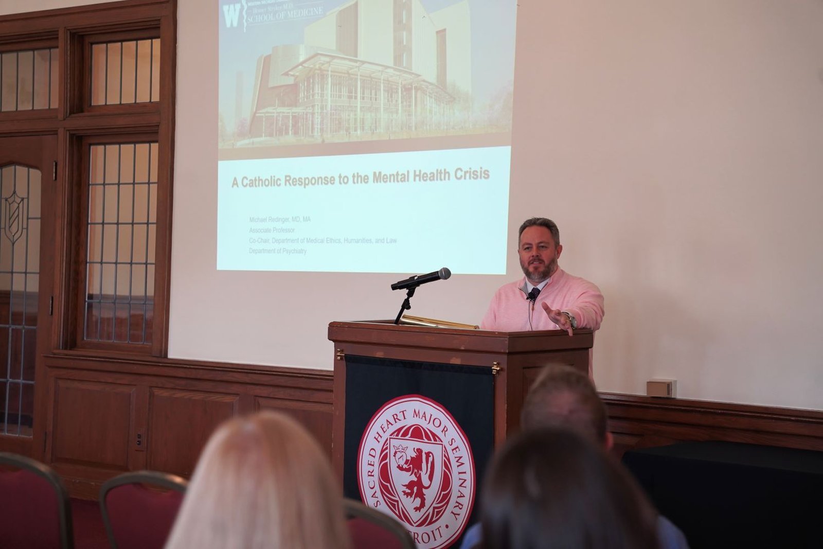 Dr. Michael Redinger, associate professor at Western Michigan University's Homer Stryker M.D. School of Medicine, gives a lecture, “A Catholic Response to the Mental Health Crisis,” following the March 15 Rose Mass at Sacred Heart Major Seminary. In his talk, Dr. Redinger outlined how the Church can accompany those facing mental health crises.